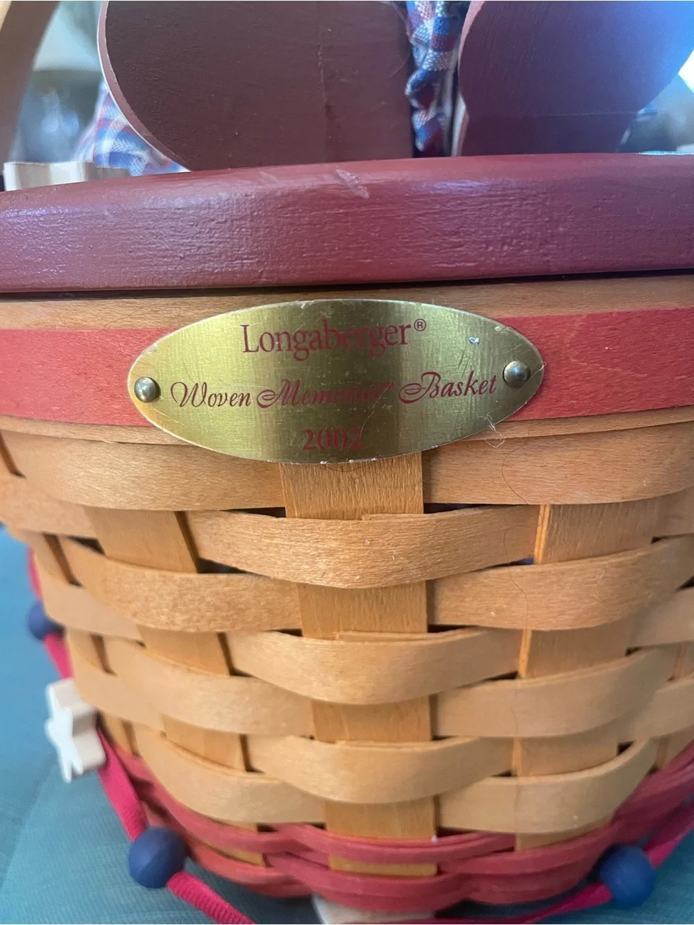 Longaberger Doll-Topped Woven Basket in Red, Blue & Natural
